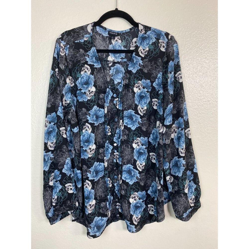 Torrid Women Floral Skull Blouse Plus Size 2X Long Sleeve Grunge Goth Whimsigoth